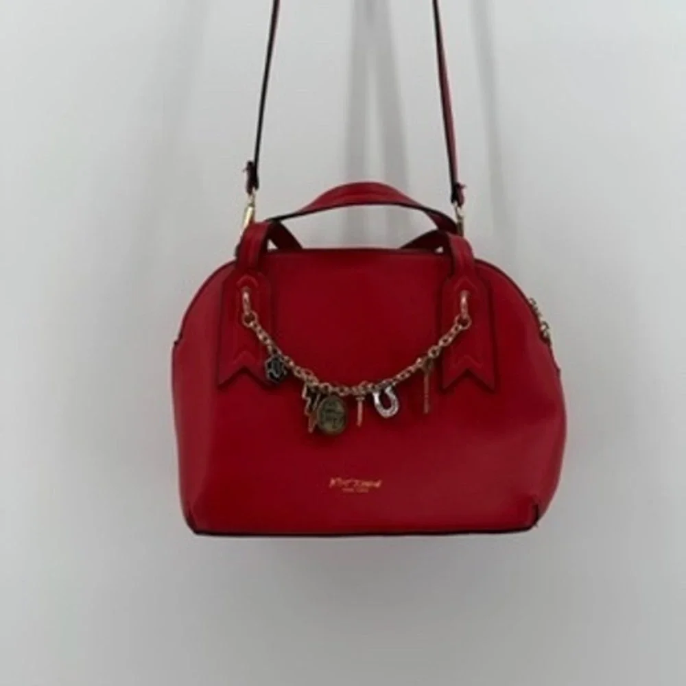 Betsey Johnson Red Satchel Bag with Charms‎ Top Handle Crossbody Gold Hardware